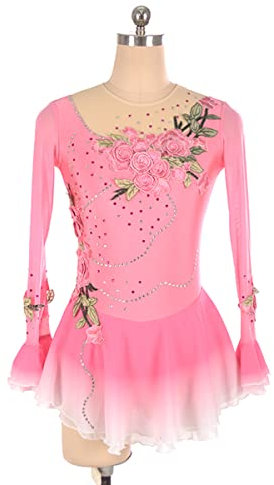 YDHTIZ Kinder Mädchen Eiskunstlauf Kleid Mädchen Eiskunstlauf Kleid Damen Professionelle Eiskunstlauf Wettbewerb Kleider Lange Ärmel Strass Damen Eislauftanz Kostüm (XXS,Pink)