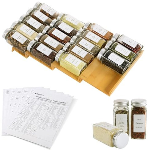 KitHero Spice Drawer Organizer with 18 Spice Jars,216 Labels,50 Non-slip Rubber, Bamboo 4 Tier Seasoning Rack Tray Insert for Kitchen Drawers,Cabinets,Countertop,9 Wide x 15.8 Deep