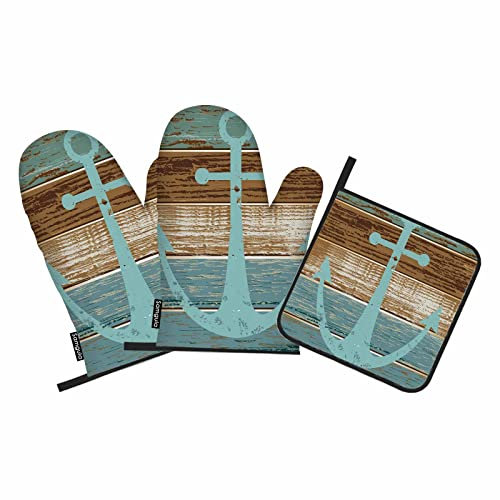 Samgula Ofenhandschuhe und Topflappen, nautisches Anker-Set, rustikal, grün, braun, hitzebeständig, 3 Stück zum Kochen, Backen, Grillen