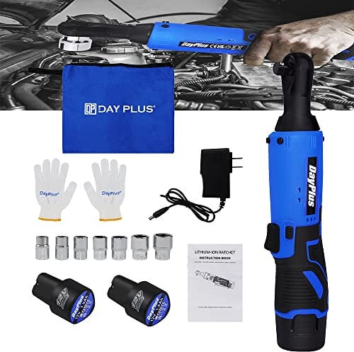 YouseaHome 3/8” Electric Cordless Ratchet Wrench Set w/2pcs Rechargeable Batteries and Charger, 40Nm Cordless Ratchet Wrench 90° Angle Wrench with LED Work Light, 7 Sockets Set
