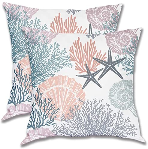 BETGINY Coastal Throw Pillow Cover 45,7 x 45,7 cm Pack of 2 Summer Ocean Themed Pillow Covers Square Cotton Coral Seashell Seestern Beach Pillow Cases Cushion for Bedroom Home Sofa Decor