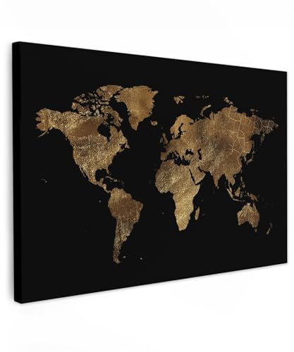 MuchoWow© Wandbilder Groß 120x80 cm XXL Schlafzimmer Home Goldene Deko Wohnung Bild Wohnzimmer Fotoleinwand Wand Bilder Leinwand Wall Decor Weltkarte - Landkarte Welt - Gold - Erde - Schwarz - Atlas