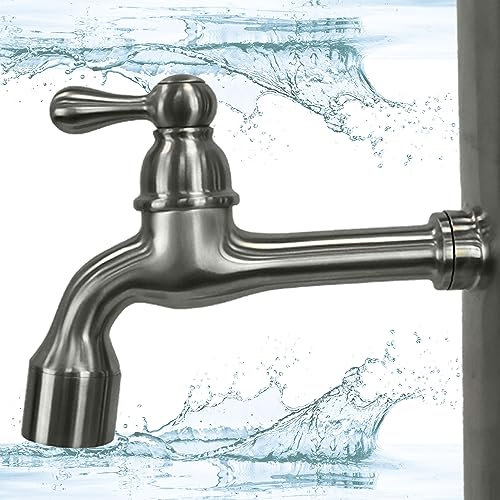 Wasserfranz Wasserhahn aus Edelstahl, Wasserhahn Garten, Wasserhahn Wandmontage für außen und innen 145 mm, 3/4 Zoll Wasserhahn passend für Wassergartensäule, Design Auslaufhahn, Gartenwasserhahn
