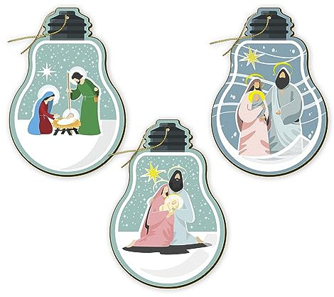 Fratelli Bonella | Set mit 3 Weihnachtsdekorationen aus MDF, in Form einer Glühbirne mit Krippe, hergestellt in Italien