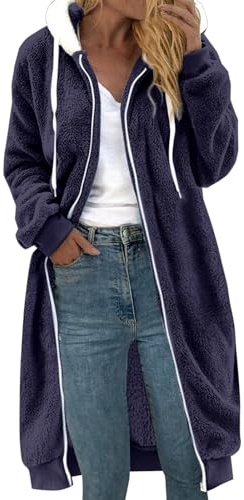 Fleecejacke Damen Lang Große Größen, Dicke Gefüttert Teddyfleece Jacke mit Kapuze Teddyjacke Flauschig Plüschjacke mit Reißverschluss und Taschen Kuscheljacke Frauen Winterjacke Cardigan Outwear