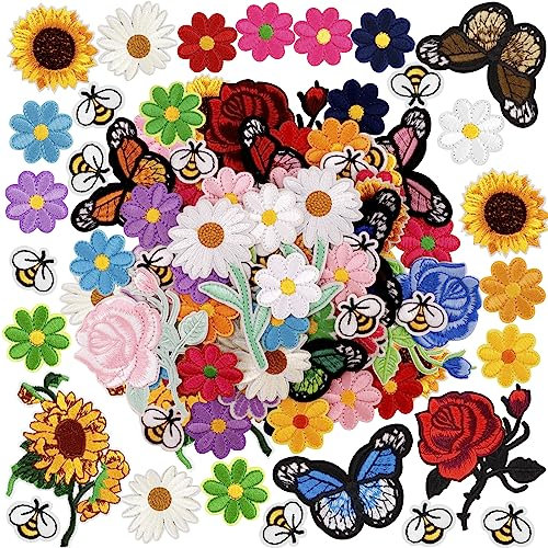 RETON 72 Stück Schmetterling Aufnäher zum Aufbügeln, Blume Patches zum Aufbügeln für Kleidung, Sonnenblume Biene Rose Bestickte Patches, Bügelsticker für Kleidung Jacken Jeans Rucksäcke