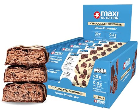 MaxiNutrition Classic Protein Bar Chocolate Brownie 16 x 40g - Protein Riegel mit 50% Eiweiß, 20g Protein pro Riegel, low sugar (0,2g), ohne Zuckerzusatz, ohne künstliche Aromen/Farbstoffe