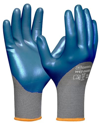 Gebol Wet Guard blau | Größe M (Gr 8) | Arbeitshandschuh mit öl- und wasserfester Nitril Beschichtung | griffsichere Polyester Schutzhandschuhe | für Damen und Herren | grau, blau | 1 Paar