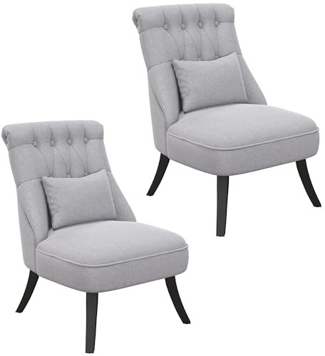 HOMCOM Fabric Single Sofa, Tub Chair, Upholstered Bedroom Chair with Pillow, Solid Wood Leg for Home, Living Room, Dining Room, Set of 2, Grey