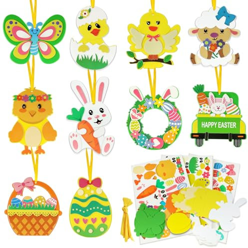 AFXXE Osterbastelset,10 Stück Osterbasteln mit Kindern,Moosgummi Ostern Bastelset Kinder,Osterküken Ostereier Osterhase Bastelset Frühling,Deko Anhänger Geschenk Basteln Ostern Kreativsets 1