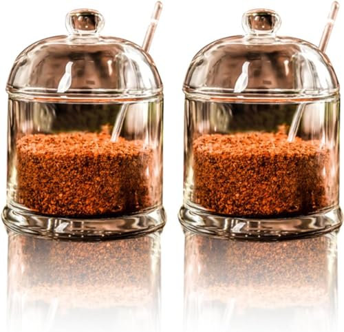 WSAMJIN 2 Pcs Glass Seasoning Sugar Jar, Glass Sugar Bowl Clear Storage Containers with Lids and Spoons Seasoning Bowl for Sugar, Seeds, Salt, Pepper, Spices (270ml)