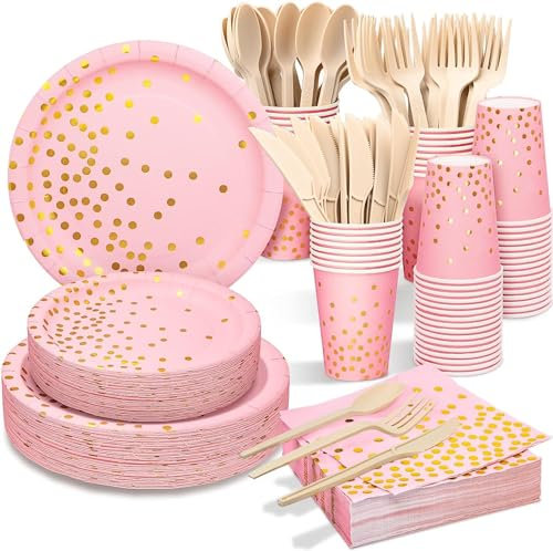 140PCS Pink & Gold Party Supplies Set, Disposable Dinnerware-Pink Paper Plates Napkins Cups, Gold Forks Knives Spoon for Birthday Baby Shower Wedding Valentines Day Mother's Day (Serves 20)