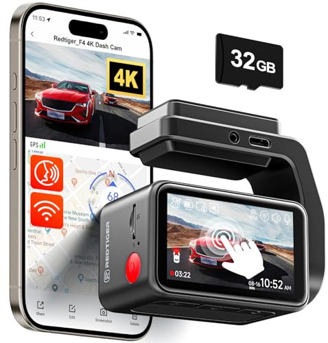 REDTIGER F4 4K dashcam Auto Vorne, 2,2 Zoll Mini Auto Kamera, 2160P Touchscreen, Sprachsteuerung,Inklusive 32GB Karte, Nachtsicht, WiFi APP Steuerung, Schleifenaufzeichnung, 24-Stunden-Parküberwachung