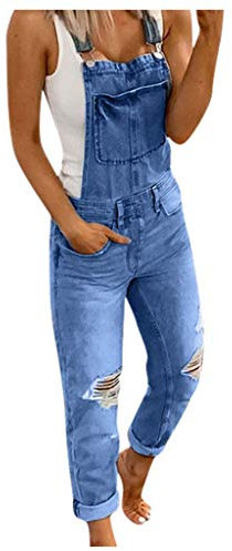 Salopette da donna in jeans, lunghi, elasticizzati, da donna, blu, jeans, streetwear, denim, effetto jeans, pantaloni estivi, pantaloni da lavoro estetici, vintage, tuta divertente, blu scuro, M