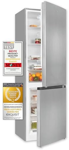 Exquisit Kühl-Gefrierkombination, 186 cm Höhe, Kühlschrank mit Gefrierfach, 4-Sterne-Gefrieren, 315 Liter, Alarm-Funktion, KGC5320-95-E-040C inoxlook