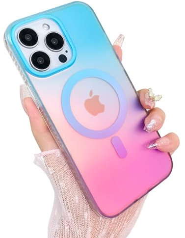 Heaofei Aesthetic Case for iPhone 15 Pro Max Case for Women Girls, Compatible with Magsafe, Cute Girly Trendy Glitter Sparkly Rainbow Magnetic Protective Phone Cover, Matte Iridescent Blue & Pink