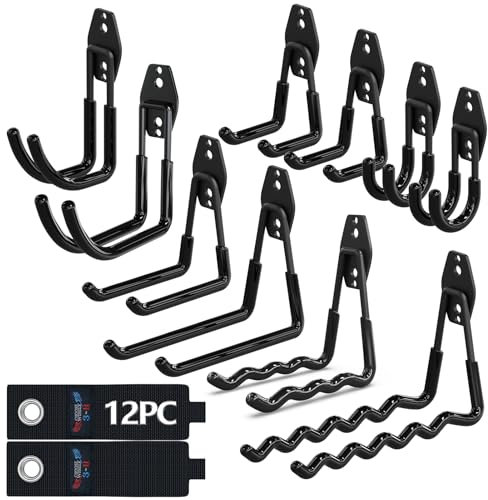 3-H 12 Stück Wandhaken Garage Haken, Schwerlast Doppelhaken Multi Größe Garage Storage Hooks für Leiter Fahrrad Geräte Garten, Schwarz, inkl. Aufbewahrung Gurtband