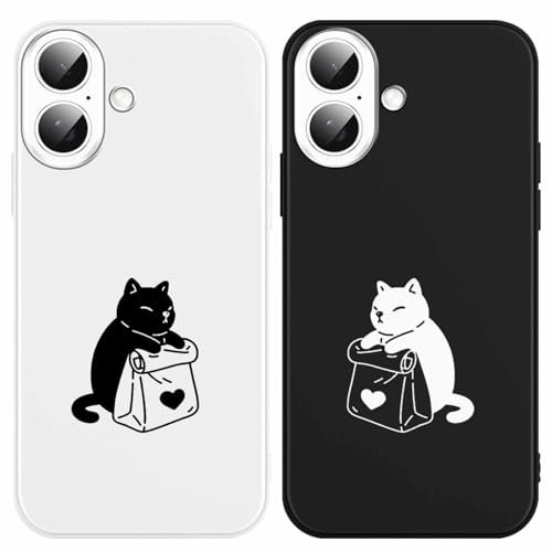 Yoedge 2 Pack Cute Lovers Cat Phone Case for iPhone 16 6.1, Ultrathin Soft TPU Silicone with Aesthetics Pattern, Shockproof Bumper Protector Matte Cover for iPhone 16, Girls Women Black White
