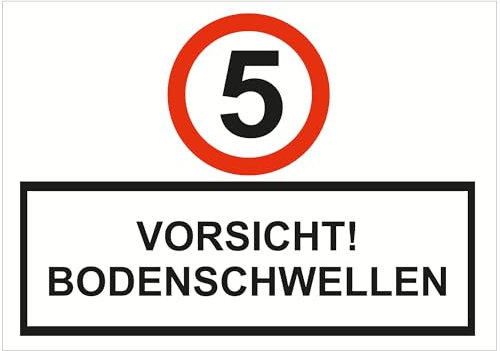 Indigos UG - Schild 5 KMh Achtung Vorsicht Bordschwellen - 420x297 - Hotel, Firma, Schutz, KITA, Arzt, Praxis - Sicherheit - Warnung - Aluverbundplatte 3mm, Wohnung - Hinweisschild - Warnschild