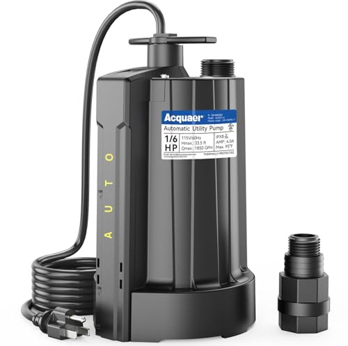 Acquaer 1/6HP Automatic Submersible Water Pump, 115V Sump Pump with 3/4 Inch Garden Hose Check Valve Adapter, High Flow Water Disposal 1850
