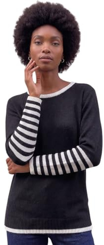 Roman Originals Contrast Stripe Detail Knit Jumper for Women UK - Ladies Everyday Autumn Winter Round Neckline Comfy Soft Evening Vacation Work Party Night Out - Black - Size 10