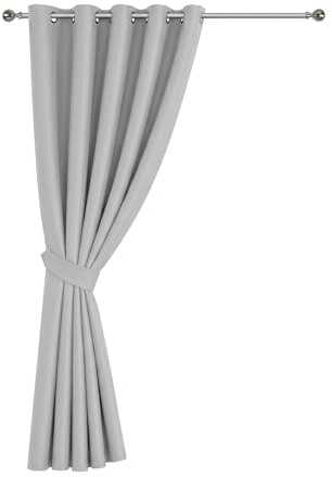 Oxford Homeware Eyelet Blackout Light Grey Curtains, W66” x L84” 1 Panel | Eyelet Curtain for Living Room, 84 Inch Drop Thermal Curtain, Noise Reducing, 1 Panel with matching Tieback