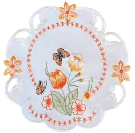 Orange Tulpen und Schmetterlinge Tischläufer Tischdecke Mitteldecke Deckchen gestickt (ca. 20 rund)