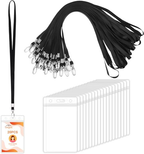 Segus Ausweishülle mit Band, 20 Stück Lanyard mit Kartenhülle, Transparent Kartenhülle mit Schlüsselband Schwarz, Schlüsselbänder zum Umhängen, für Krankenhaus, Konferenzen (Vertikale)