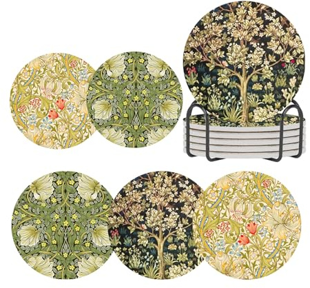 ubcindy William Morris Tree of Life Coasters Set of 6 for Drinks,Round Absorbent Ceramic Stone Coaster with Metal Holder,Sage Green Golden Lily Coasters with Cork Base for Coffee Kitchen Decor Gifts