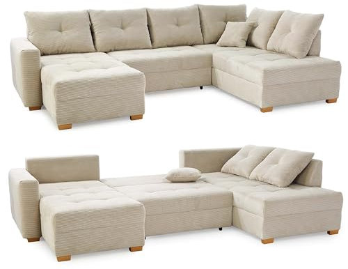 Moderne Wohnlandschaft in U-Form B313/T200/H92 cm, Sofa mit Schlaffunktion und Bettkasten, mittelfeste Schaumpolsterung, spiegelverkehrt montierbar, Bezug Cordstoff in Beige Grau / 15218