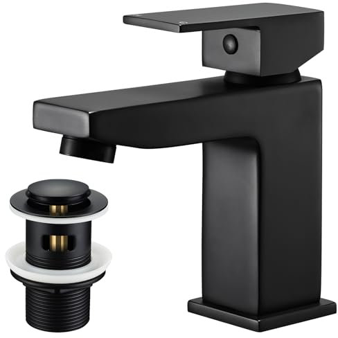 Rubinetto miscelatore per lavabo nero con scarico per lavello pop-up, rubinetti quadrati con scarico, monocomando nero opaco con tappo per lavello