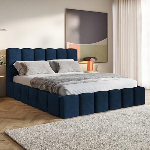 MOTIVENA Nunu Bubble Bett 120x200 Blau Samt, mit Stauraum, mit Kopfteil, mit Lattenrost, ohne Füße, mit Matratze H3/H4, Bubble Polsterbett 120x200 mit Bettkasten Blau (Dunkelblau)