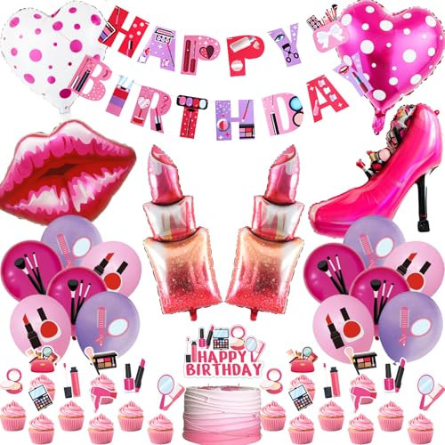 Make-up Geburtstag Party Dekoration Mädchen – 36 Stück Spa Party Banner Luftballons Kuchen Topper Lippenstift Lippen Folie Herz High Heels Ballon Zubehör für Mädchen Frauen Damen Make Up Geburtstag