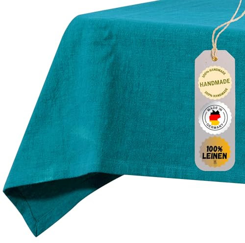 chambry Tischdecke 100% Leinen Stonewashed – Handarbeit Made in Germany – Größe und Farbe wählbar – hochwertige und nachhaltige Tischwäsche aus Naturmaterial - Petrol 120cm x 220cm