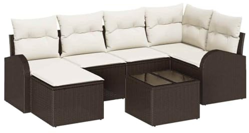 vidaXL Garten-Sofa-Set mit Kissen 7 pcs Braun und Weiß Poly Rattan, Garten und Terrasse, modernes verstellbares Sofa-Set, Outdoor-Sitzgruppe, langlebig, UV-beständiges Möbel