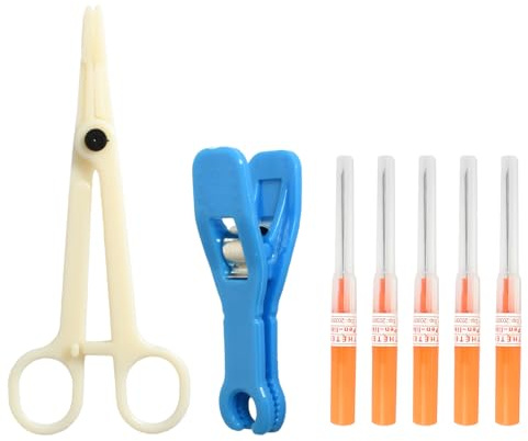 Rieoany 7-Teiliges Piercing Nadel Set, Piercing Nadeln mit Rundbackenklammern und Öffnungszange, Piercingnadel mit Rohrabdeckung, für Nase, Ohren, Lippen und Augenbrauen
