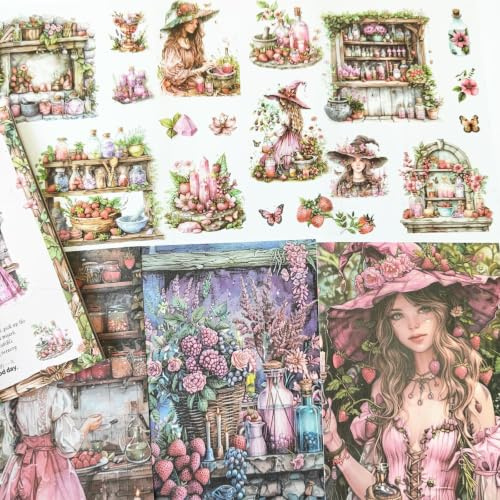 Magic Scrapbook Stickers Set,20 Blätter‌ Scrapbook Zubehör Stickers for Journaling,Junk Journal,Bullet Journal,Notebook,Phone Case,Photo Frame(Pink Berry)