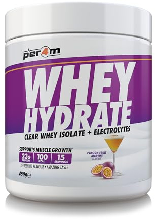 Per4m Whey Hydrate | 23g Whey Isolate & Aquamin Electrolytes | Muslce Growth & Hydration | Clear, Refreshing & Low in Sugar | 15 Serving (450g, Passion Fruit Martini)