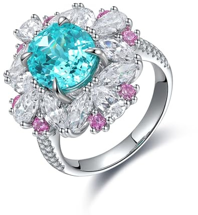 Hoisy Bague Femme Argent 925 Bague Simple Fleur avec Laboratoire Paraiba Tourmaline Sea Blue Alliance Femme, 52 (16.6), Paraiba Tourmaline, Paraiba Tourmaline