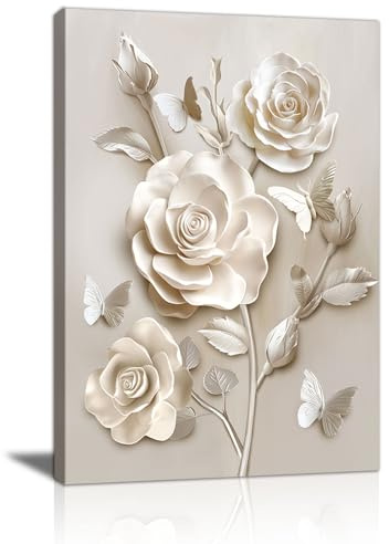 FajerminArt Crème Blanc Rose Fleurs Tableau Décoration Murale Salon, Blanc Floral Poster Mural Impression Sur Toile En Fleurs Papillon Affiche Decoration Murale pour Chambre Maison Bureau 30x40cm