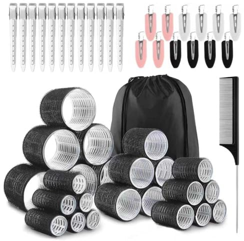50Pcs Hair Rollers with Clips, Hair Rollers Set Black Velcro Curlers for Tresses Volume 4 Sizes (60/48/36/25mm) with 24 Clips for Long Medium Short Thick Fine Tresses DIY Hairdressing(Black)