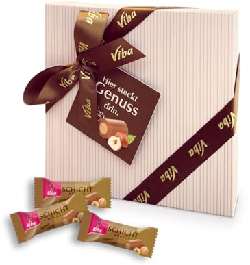Viba Geschenk mit Schleife Schicht Nougat Minis 100 g | 10 edle Nougat Pralinen | Geschenkbox mit Textilschleife