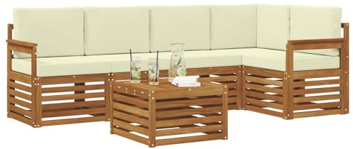 vidaXL Sofagarnituren 6 pcs Natur und Creme Massivholz Akazie, Moderner Outdoor-Sofa, strapazierfähiges Möbel für Garten, Bequeme Lounge-Sitzgruppe für die Terrasse