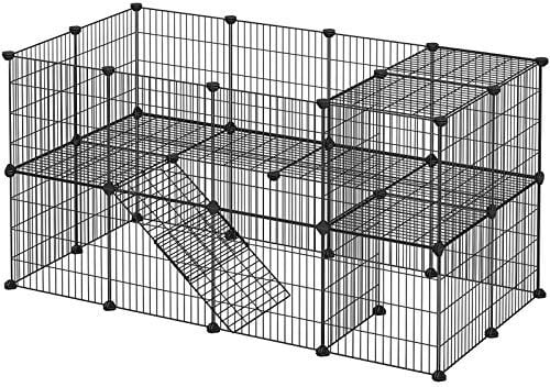 SONGMICS Zaun für Haustiere, 2 Ebenen, modular, für Kleintiere, Hamster, Kaninchen, Meerschweinchen, Gitterplatten, für den Innenbereich, 143 x 73 x 71 cm, Schwarz LPI02H