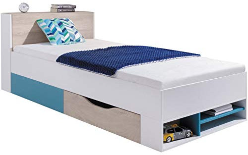 Furniture24 Bett Planet PL-14, Jugendbett mit Federkernmatratze 90x200 cm, Bettschublade und Ausziehbarer Stauraum im Kopfteil (Weiß/Eiche/Marine)