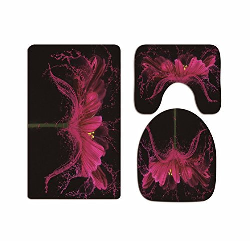 A.Monamour Badezimmer Badematte 3 Teilig Set Schwarze Rose Rote Blütenblätter Kunstdruck Toilettenkappen Abdeckungen Für Wc-Zubehör Flanell Saugfähig Badteppiche Badvorleger Badgarnitur WC Vorleger