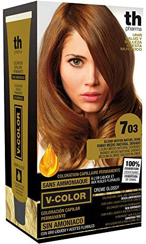 Thader Th Pharma V-Color Kit de Tinte permanente Sin Amoniaco con Oro Líquido 100% Cobertura de canas, 120 ml (No. 7.03 Rubio medio natural dorado)