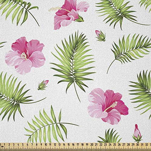 ABAKUHAUS Tropisch Stoff als Meterware, Rosa Hibiscus Palm, Microfaser Multi Zweck Dekostoff für Kunsthandwerke, 3M (230x300cm), Weiß Grün und Rosa