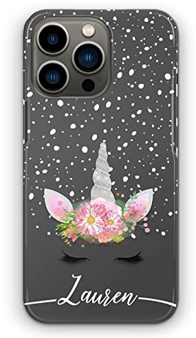 Personalised Initials Phone Case For Apple iPhones, 16, 15, 14,13, 12, 11, Pro Max, Mini, XR, SE Grey Name and Unicorn on White Spot Charcoal Print Hard Phone Cover, Unicorn Case