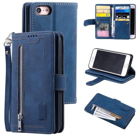 UEEBAI Wallet Case for iPhone 6 iPhone 6S, Retro 9 Card Holder Slots Zipper Pocket Handbag Case PU Leather Magnetic Closure Kickstand with Wrist Strap TPU Shockproof folio Case - Blue